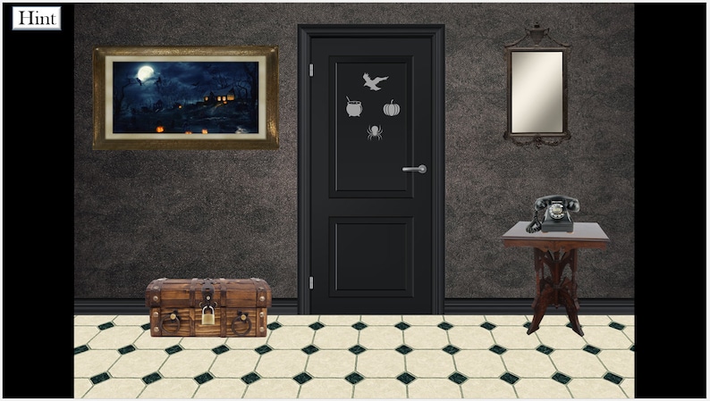 May include: A black door with a Halloween theme. The door has a cauldron, pumpkin, spider, and bird cutouts. There is a wooden chest with a lock, a framed picture, a mirror, and a vintage phone on a table.