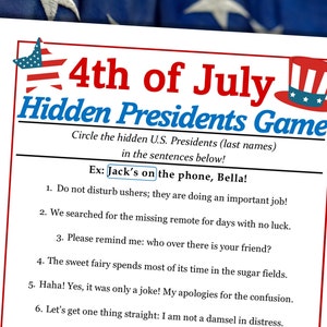 Könnte beinhalten: Ein druckbares 4. Juli-Spiel für Kinder. Das Spiel heißt "Hidden Presidents Game" und fordert die Spieler auf, die Nachnamen der in den Sätzen versteckten US-Präsidenten zu kreisen. Der Beispielsatz lautet: "Jack's on the phone, Bella!"