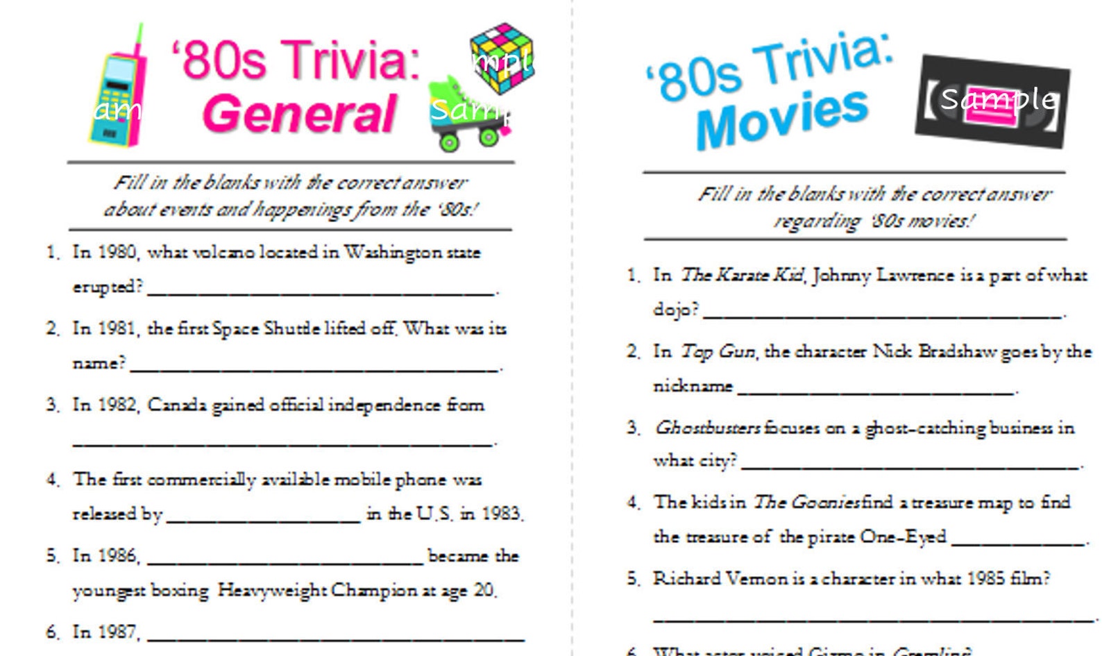 80's Trivia Printable