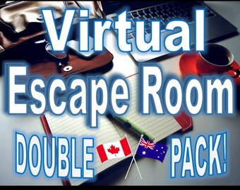May include: A close-up of a notebook with a pen, a brown leather bag, a laptop, a red coffee cup, and the text "Virtual Escape Room DOUBLE PACK!" with Canadian and Australian flags.