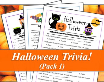 Puede incluir: Halloween Trivia! (Pack 1) presenta hojas de trivia con preguntas sobre Halloween. Las hojas tienen ilustraciones de una bruja, caramelos, un gato negro, una calabaza y un búho. El fondo es naranja con calabazas.