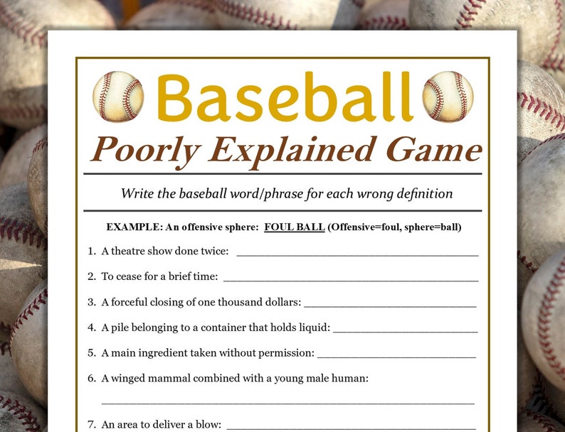 Printable Baseball Word Game: Poorly Explained Definitions (PDF) - Etsy