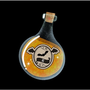 May include: A glass bottle with a cork stopper filled with a golden liquid. The bottle has a label with a black bat and the letter "R" on it.