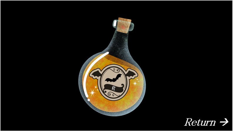 May include: A glass bottle with a cork stopper filled with a golden liquid. The bottle has a label with a black bat and the letter "R" on it.