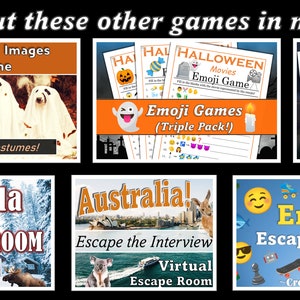 May include: A collage of nine images showcasing various digital games. The top row features a game with dogs in costumes, a Halloween-themed emoji game, and a Halloween bingo game. The middle row features a virtual escape room set in Canada, an escape room set in Australia, and an emoji escape room. The bottom row features a virtual escape room set in Canada, an escape room set in Australia, and an emoji escape room.