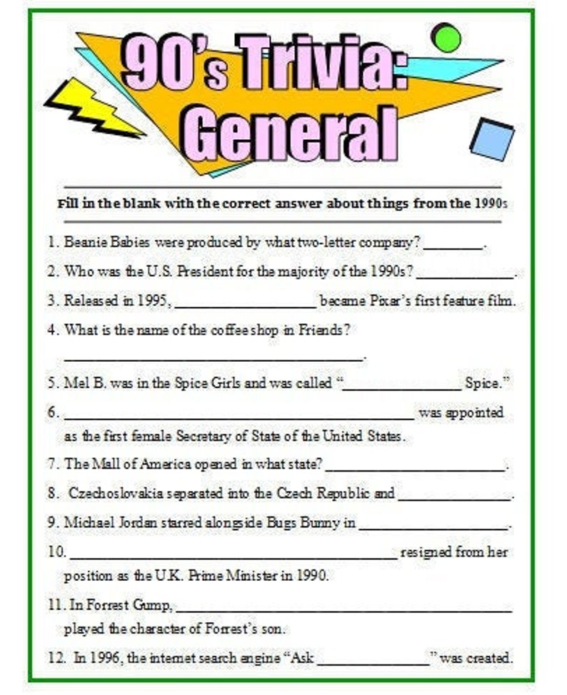 90's Theme Trivia Pack of 50 Questions Questions Cover Etsy