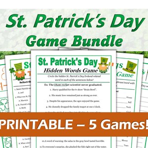May include: Printable St. Patrick's Day game bundle with five different games. The games include a hidden words game, a word search, a matching game, a fill-in-the-blank game, and a trivia game. The games are decorated with shamrocks, leprechauns, and other St. Patrick's Day imagery.