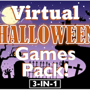 以下が含まれることがあります： 紫と黒のハロウィンをテーマにしたグラフィックで、テキストは「Virtual Halloween Games Pack! 3-IN-1」  満月とコウモリが背景にある、不気味な墓地のシルエットです。