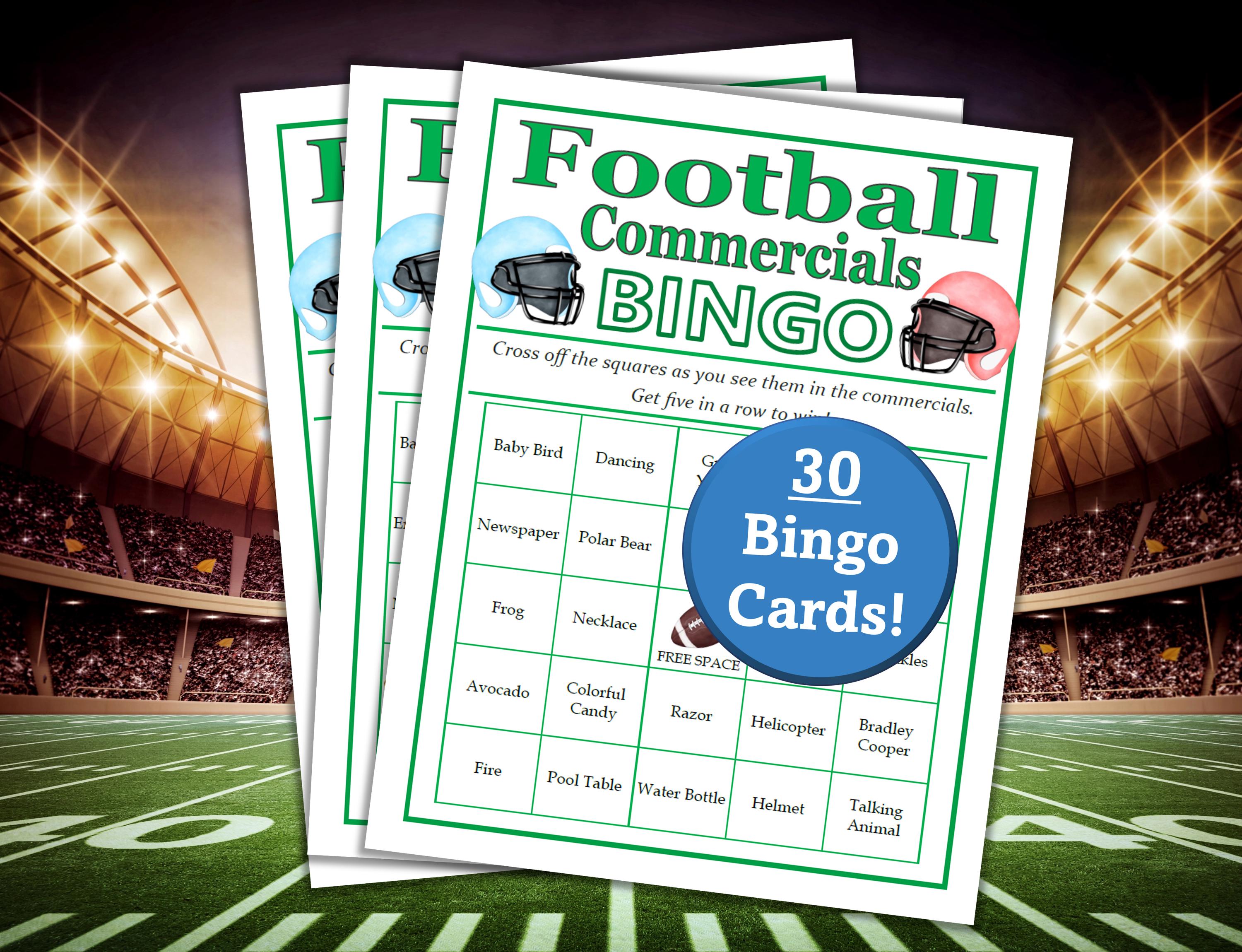 30 Football Commercials Bingo Cards - 2026 Printable Game - Football ...