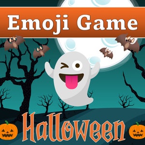 以下が含まれることがあります： ハロウィーンをテーマにしたグラフィックで、ウインクして舌を出している漫画の幽霊が描かれています。背景には満月、コウモリ、不気味な木々が描かれています。「Emoji Game」と「Halloween」の文字が表示されています。