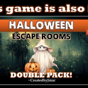 May include: A digital illustration of a ghost holding a jack-o'-lantern in a spooky forest setting. The text reads "Halloween Escape Rooms Double Pack! ~CreatedbyJmac"