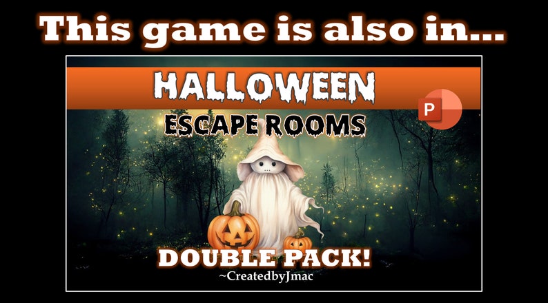 May include: A digital illustration of a ghost holding a jack-o'-lantern in a spooky forest setting. The text reads "Halloween Escape Rooms Double Pack! ~CreatedbyJmac"
