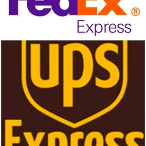 May include: A side-by-side comparison of the FedEx and UPS logos. The FedEx logo is purple and orange with the word "FedEx" in a bold, sans-serif font. The UPS logo is a brown shield with the word "ups" in yellow, sans-serif font. Both logos have the word "Express" in yellow, sans-serif font below them.