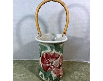 Chatham Pottery Beach Rose Wine Caddy w/ Bamboo Handle EXC Condition