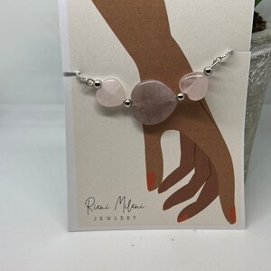 Rose Quartz 3 Hearts Brass Draw Bracelet with gem at the ends 9 inches