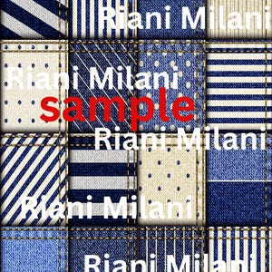 May include: A patchwork of blue denim fabric squares with white stripes, polka dots, and a solid blue color. The text "Riani Milani sample" is written in red letters on the fabric.