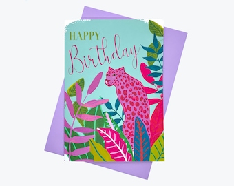 Happy birthday Pink panther card , handmade , tropicals card , handpainted , colourful card , birthday card , personalised card