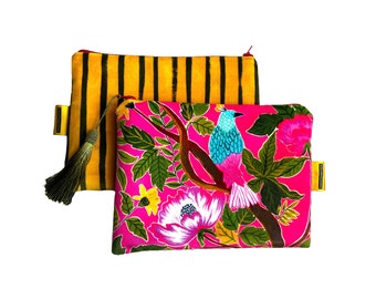 Luxurious velvet makeup bag , florals ,bird ,  handmade , striped , cosmetic bag , perfect gift idea , mustard , hot pink , gift