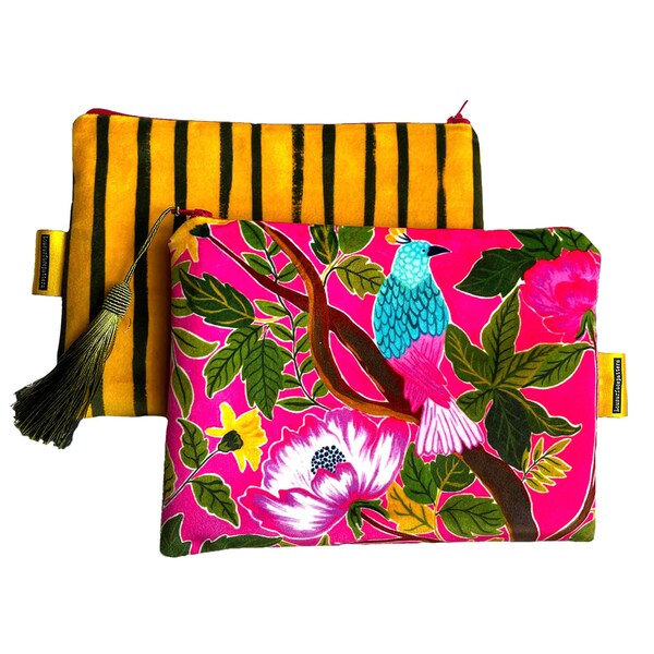 Luxurious velvet makeup bag , florals ,bird ,  handmade , striped , cosmetic bag , perfect gift idea , mustard , hot pink , gift