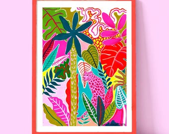 Pink Panther Tropical Art Print, Colourful Jungle Wall Decor