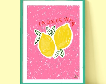 La Dolce Vita Lemon Print, Colorful Gouache Wall Art, Hand Drawn Poster , Lemons