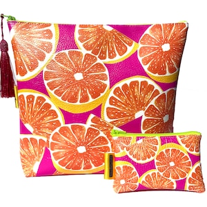 NEU Orangen Kosmetik Vegan Ledertasche und Reisetasche, Reisetasche, kleine Geldbörse, Obst, Kosmetiktasche, Reisezubehör