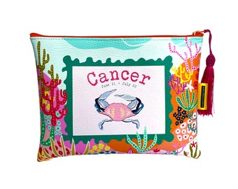 Cancer zodiac vegan leather makeup bag, handmade, horoscope makeup bag, funky makeup bag, zodiac, cosmetic bag, gift ideas