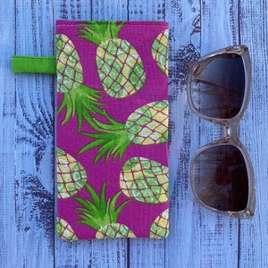 Pineapples on Pink, Fabric Eyeglasses Case, Reading Glasses Case, Sunglasses Case, Padded, Cotton Fabric and Liner, Eyewear Protection.
