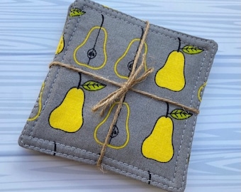 Pear Coasters -Set of 4 Fabric Coasters, Mug Rug, 100% Cotton, Washable