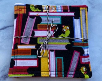 Bookworm Coasters -Set of 4 Fabric Coasters, Reversible, Mug Rug, Washable, Cotton