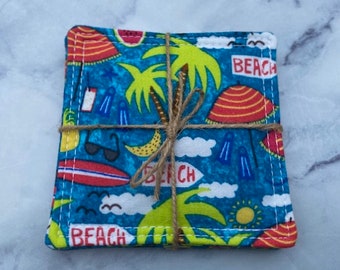 Beach Scene Fabric Coasters -Set of 4, 100% Cotton, Washable, Reusable Fabric Coasters