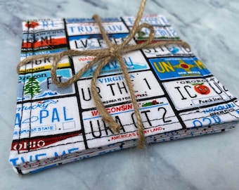 Vanity License Plate Coasters -Set of 4 Fabric Coasters, Mug Rug, Washable, Cotton