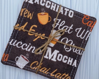 Coffee Words Coasters -Set of 4 Fabric Coasters, Reversible, Mug Rug, Washable, Cotton