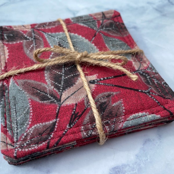 Dotted Leaf Red Pearl Coasters -Set of 4 Fabric Coasters, Reversible, Mug Rug, Washable, Cotton