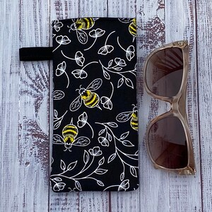 Bees on Black Fabric Eyeglasses Case, Reading Glasses Case, Sunglasses Case, Padded, Portable, Cotton Fabric and Liner, Eyewear Protection.