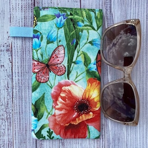 Floral on Aqua Fabric Eyeglasses Case, Reading Glasses Case, Sunglasses Case, Padded, Portable, Cotton Fabric and Liner, Eyewear Protection.
