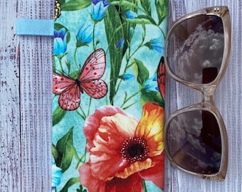 Floral on Aqua Fabric Eyeglasses Case, Reading Glasses Case, Sunglasses Case, Padded, Portable, Cotton Fabric and Liner, Eyewear Protection.