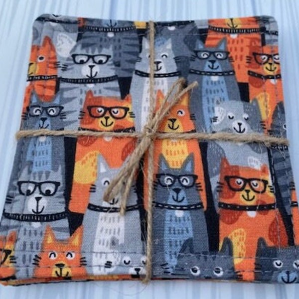 Orange & Gray Cats -Fabric Coasters, Set of 4, 100% Cotton, Washable, Reusable