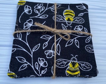 Bees & Sketched Flowers -Fabric Coasters -Set of 4, 100% Cotton, Washable, Reusable Fabric Coasters