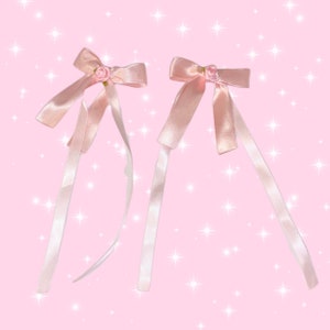 Cutie All Pink Satin Hair Bow Clips With Roses 2pcs