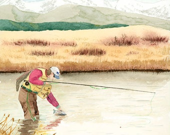 Catch and Release, Giclee Limited Edition Archival Print of original watercolor painting, Signed and Numbered, Fly-fishing Art, Trout Art