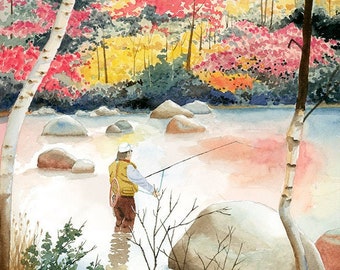 October Glory, Giclee Limited Edition Archival Print of Original Watercolor, Watercolor Art, Art Print, Fishing Art, Fly-fishing Art