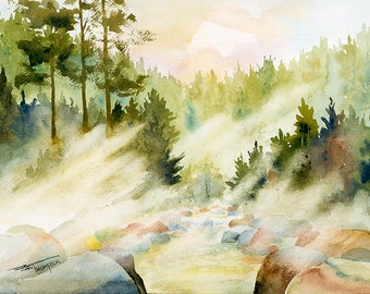 Foggy Morning on Mountain Trout Stream, Giclee Limited Edition Archival Print of Original Watercolor, landscape art, fishing art.