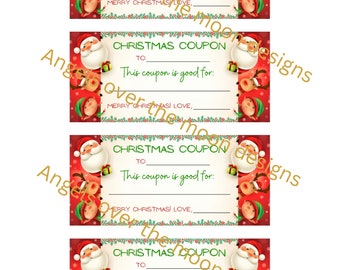 May include: Four Christmas coupons with a festive design. Each coupon features a Santa Claus illustration, reindeer, and elf graphics. The text on the coupons reads "CHRISTMAS COUPON" and includes spaces for recipient and gift details.