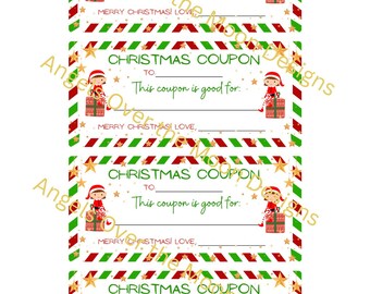 May include: Christmas coupons with a festive design. Each coupon features a red and green striped border, an elf illustration, and text fields for recipient, description, and a holiday message. Gold stars and confetti add to the holiday theme.