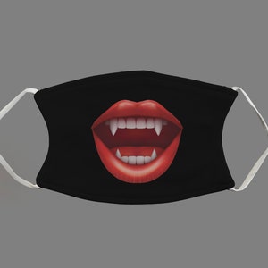 May include: Black face mask with a red, open-mouthed vampire design featuring sharp white fangs.