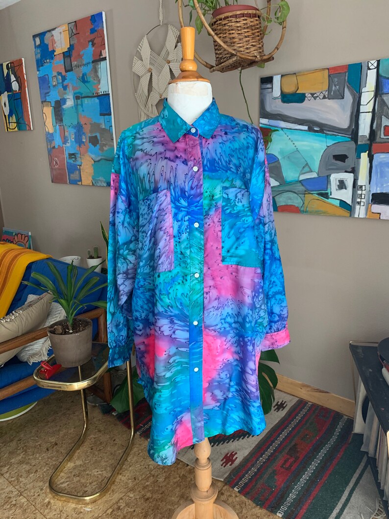 90s vintage tie dye pastel oversized button front blouse