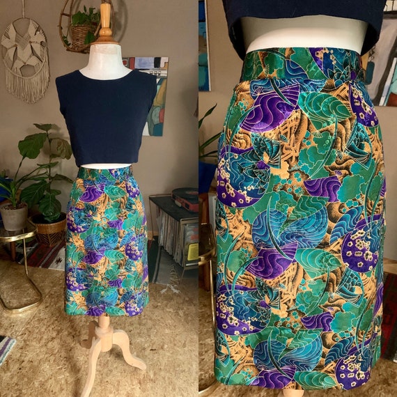 Vintage high waist Asian print silky skirt boho hi