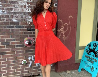 80s Vintage Red Polkadot Dress with accordion pleated skirt and puff sleeves