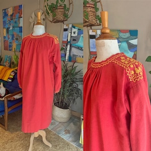 70s vintage red linen blend embroidered smocked kaftan dress